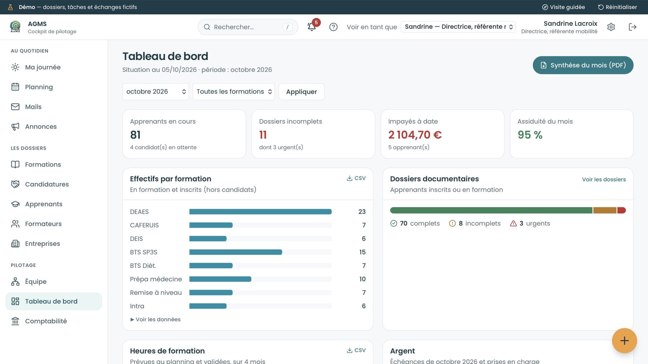Tableau de bord de direction d'un CFA en Guadeloupe : apprenants, dossiers, impayés, assiduité, en démo