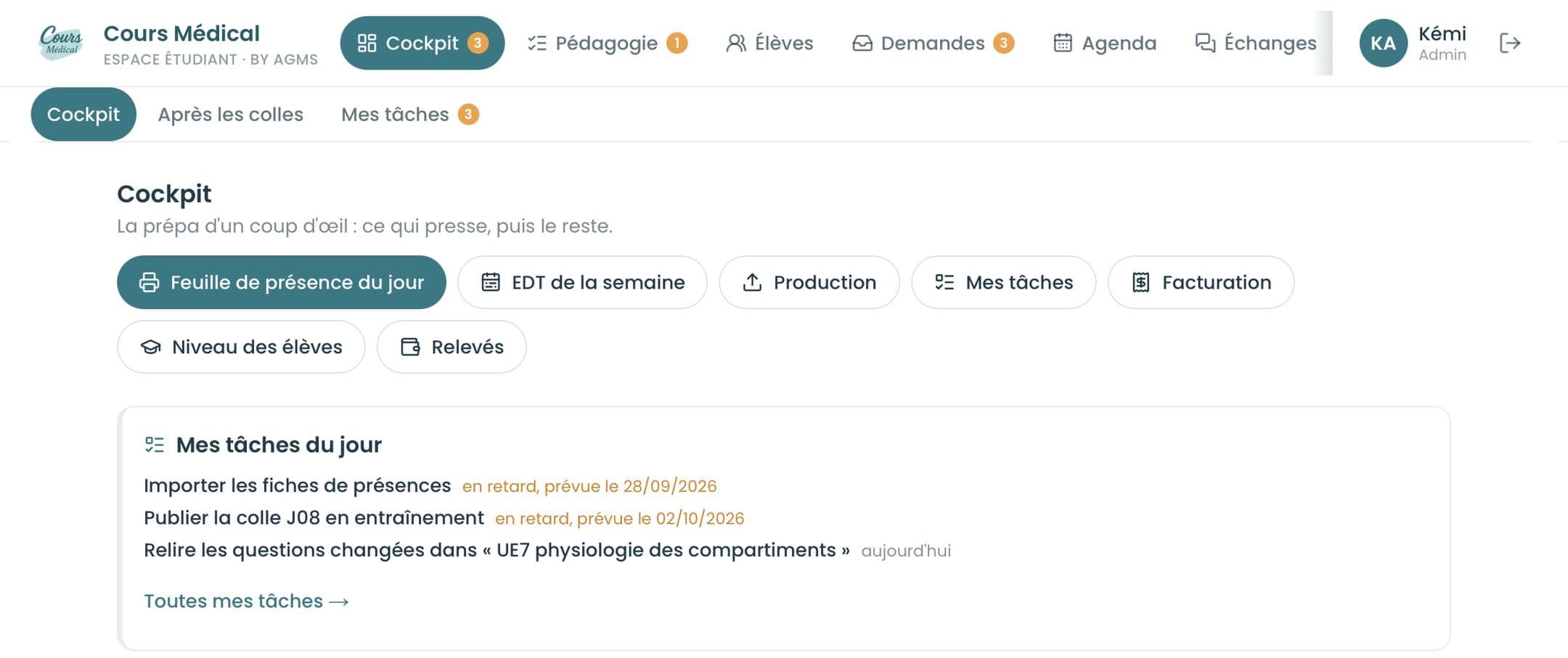 Cockpit de gestion d'une prépa santé : présences, emploi du temps, production des cours, facturation, relevés