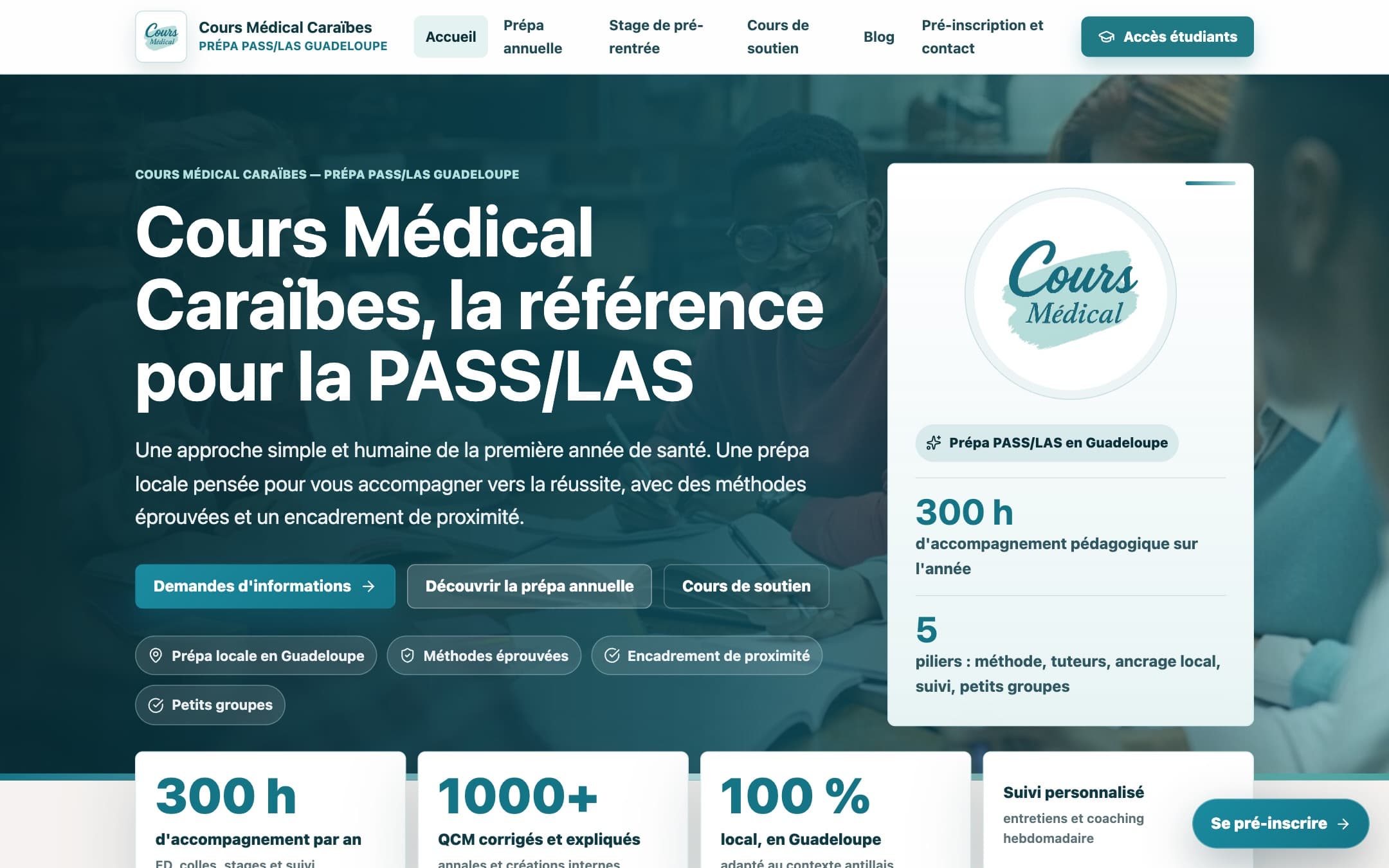 Page d'accueil du site d'une prépa PASS/LAS en Guadeloupe