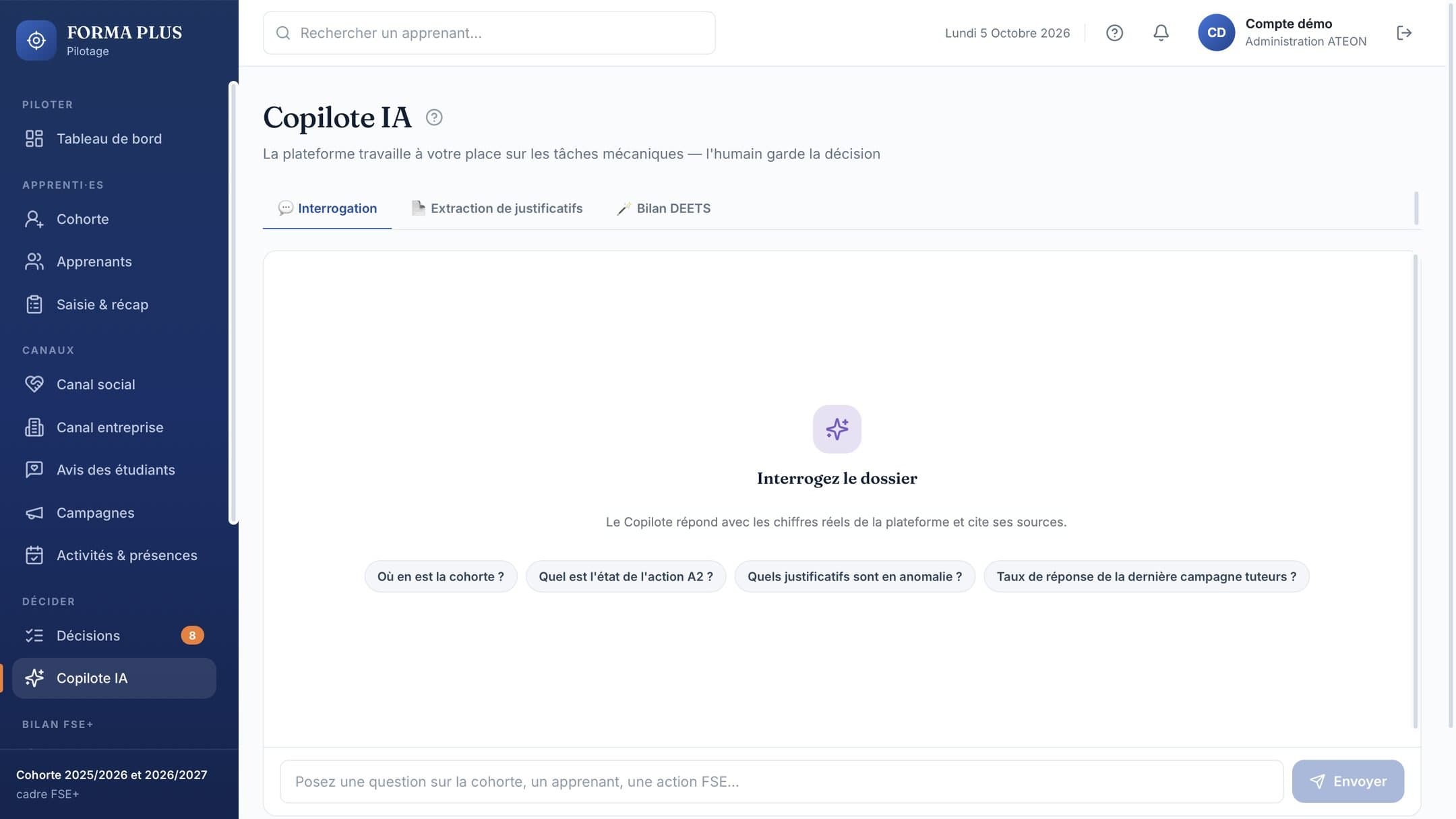 Copilote IA de la plateforme de suivi des apprentis : questions sur la cohorte, justificatifs, bilan pour la DEETS