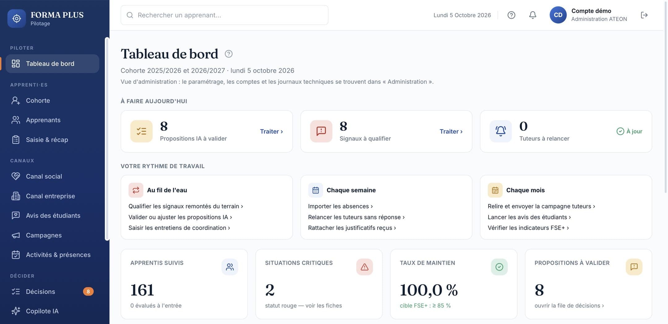 Tableau de bord de la plateforme de suivi des apprentis d'un CFA en Guadeloupe