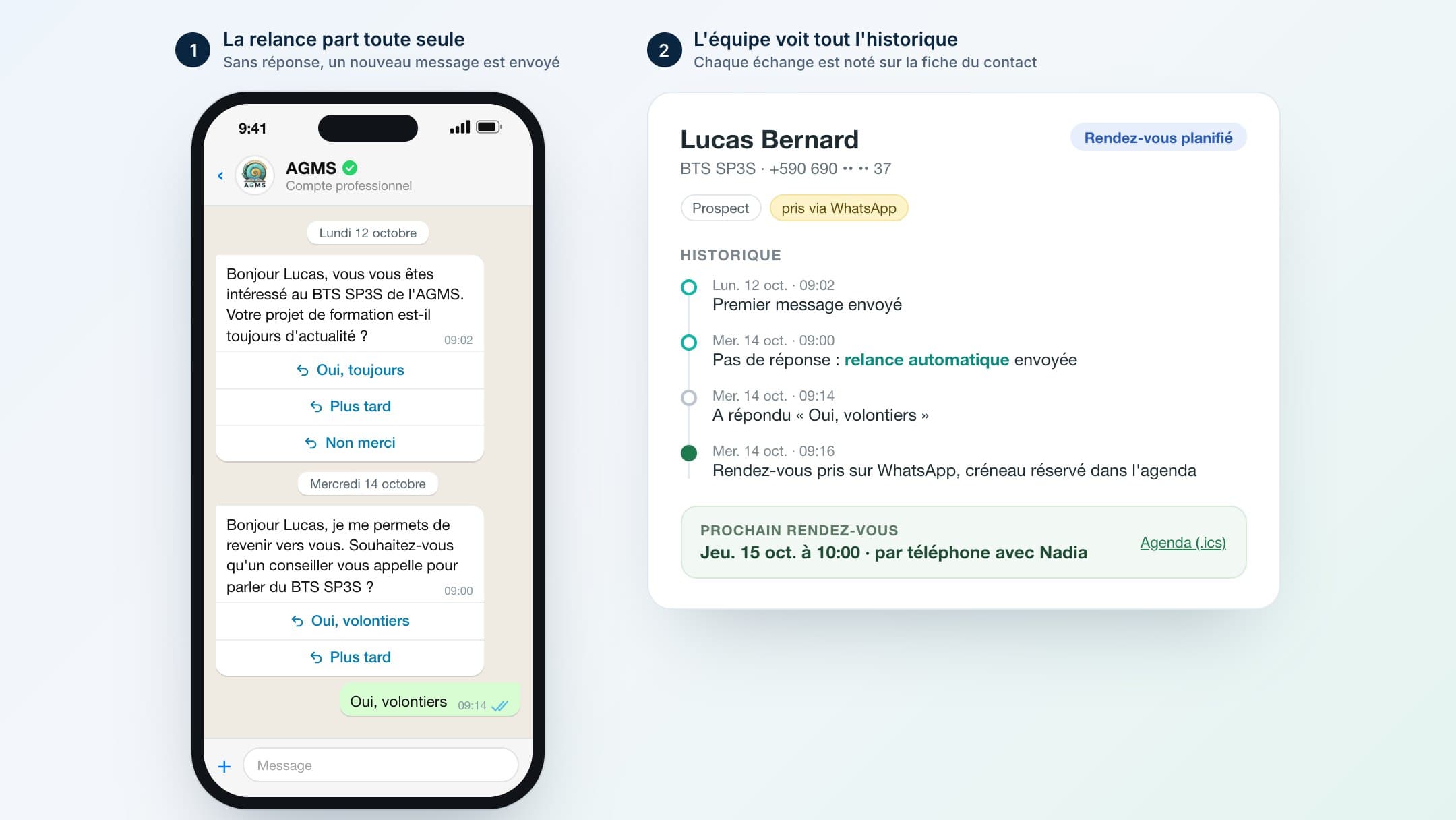 Relance automatique d'un prospect sur WhatsApp et historique des échanges sur sa fiche