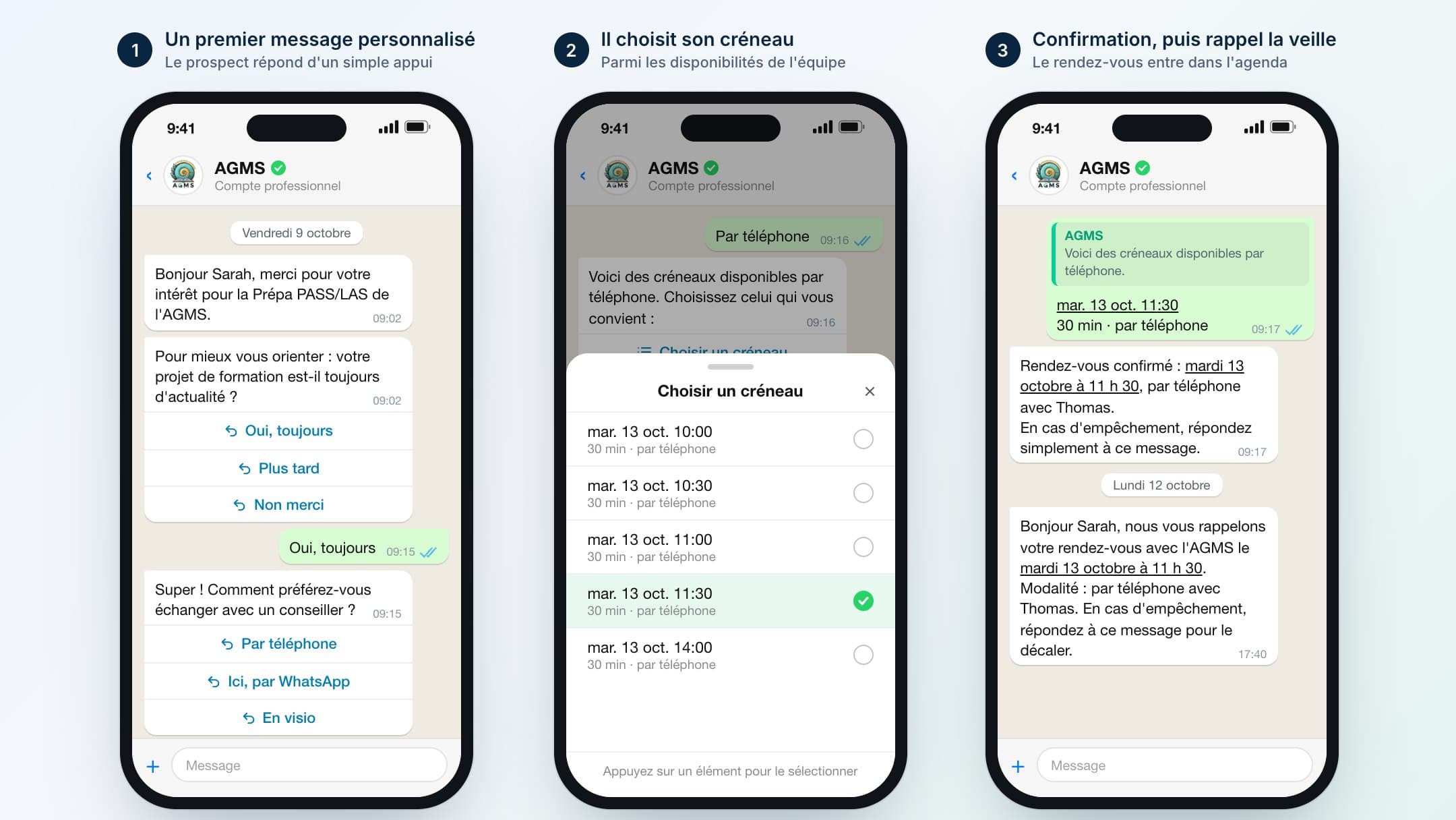 Parcours d'un prospect sur WhatsApp : message personnalisé, choix du créneau, confirmation et rappel du rendez-vous
