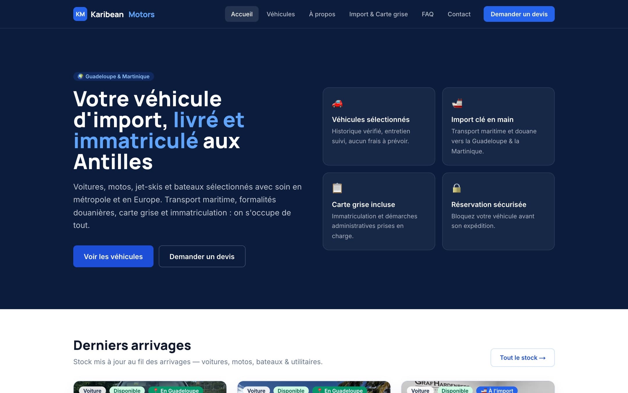 Page d'accueil d'un site de vente de véhicules importés, livrés et immatriculés en Guadeloupe et en Martinique
